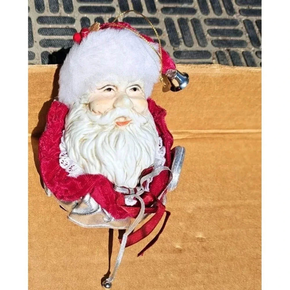 Vtg‎ Christmas Hand Painted Porcelain Santa Ornament Red Velvet Bells Lace A1